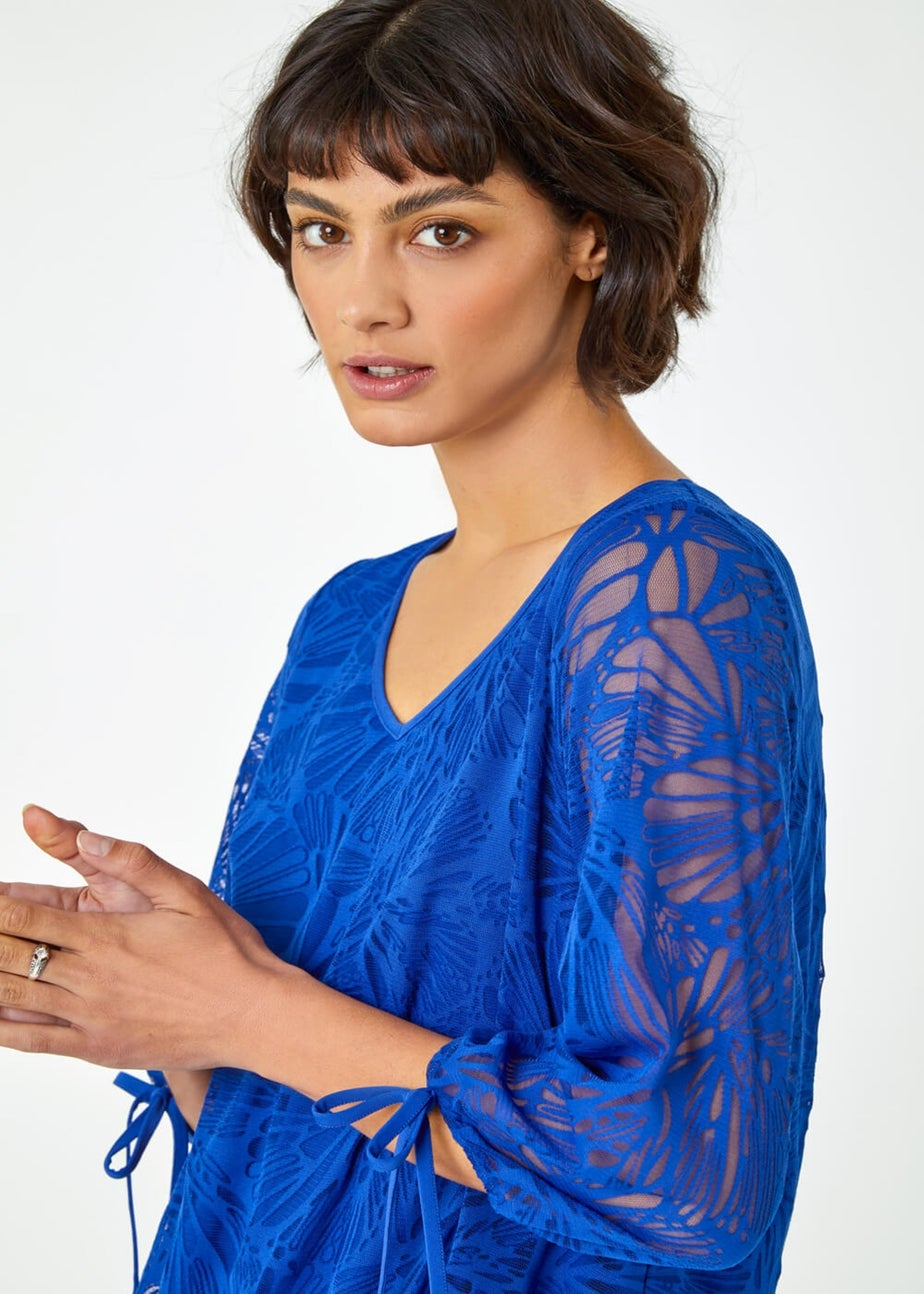 Roman Royal Blue Burnout Tie Sleeve Overlay Top