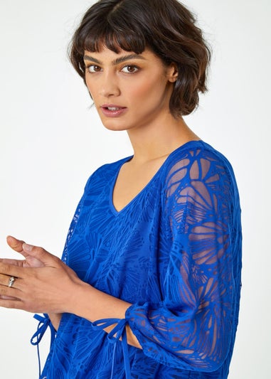 Roman Royal Blue Burnout Tie Sleeve Overlay Top