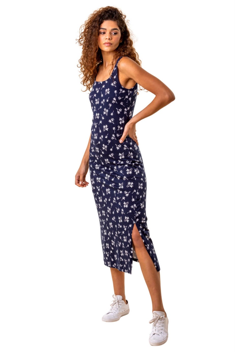 Roman Navy Palm Print Jersey Midi Dress