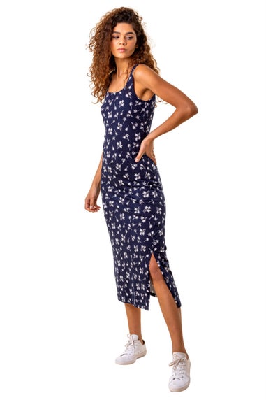 Roman Navy Palm Print Jersey Midi Dress