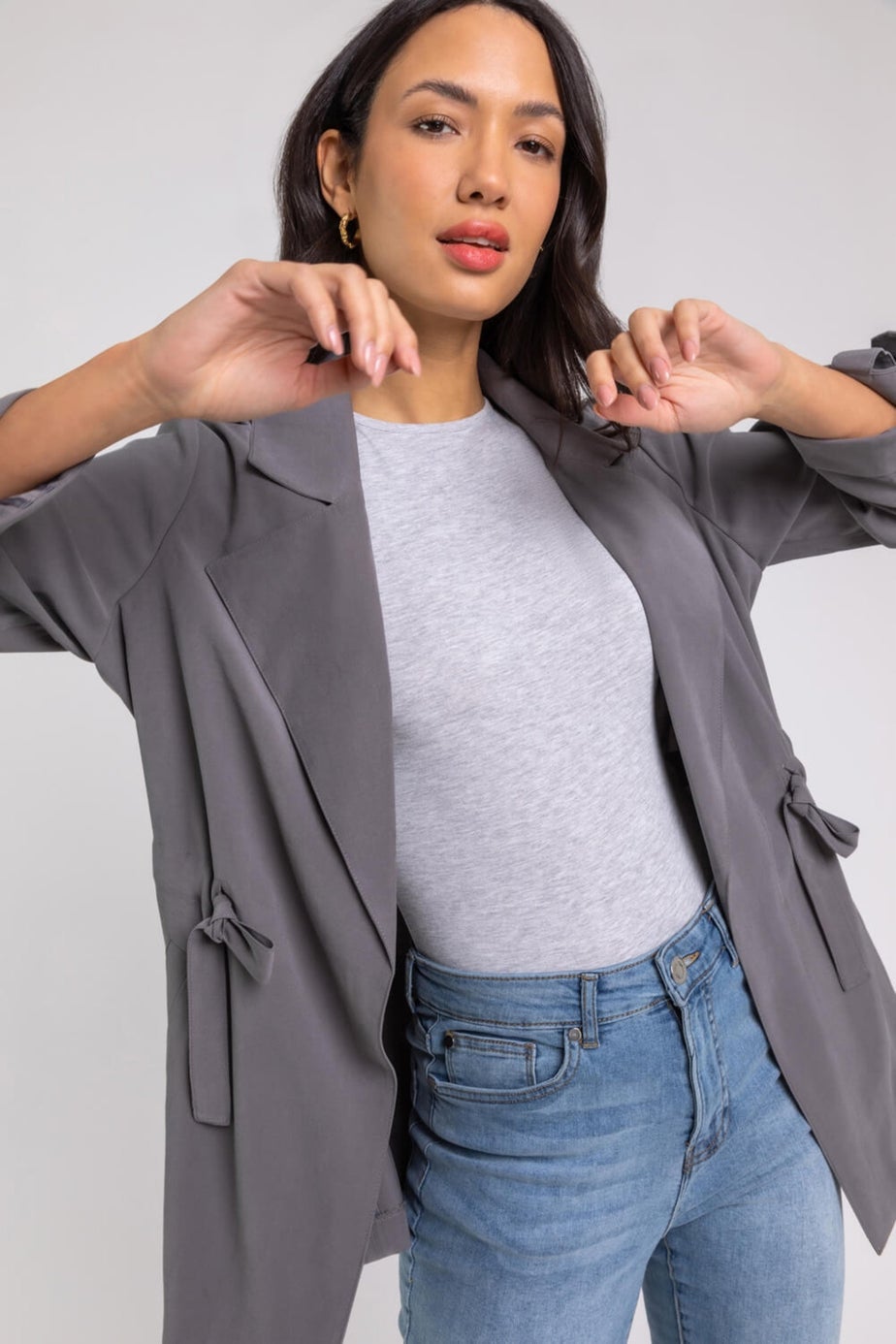 Roman Grey Tie Waist Longline Jacket