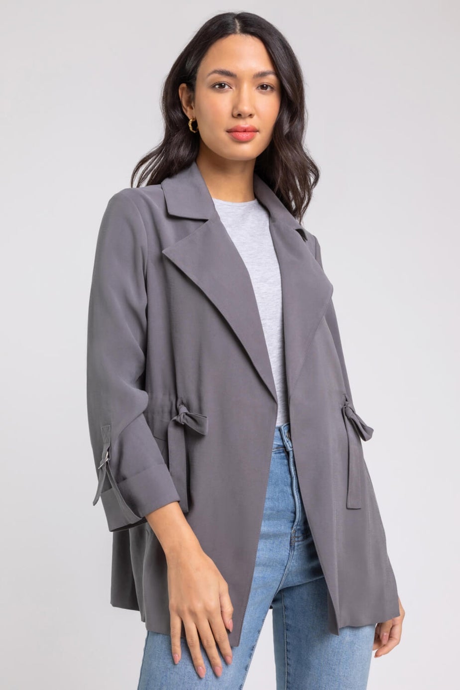 Roman Grey Tie Waist Longline Jacket