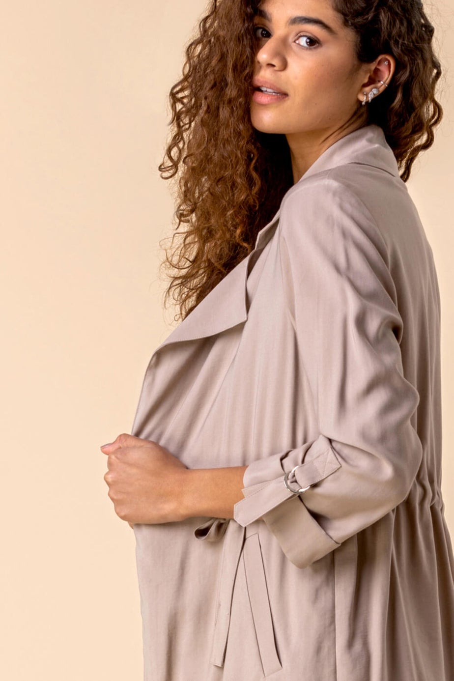 Roman Stone 3/4 Sleeve Tie Waist Longline Jacket