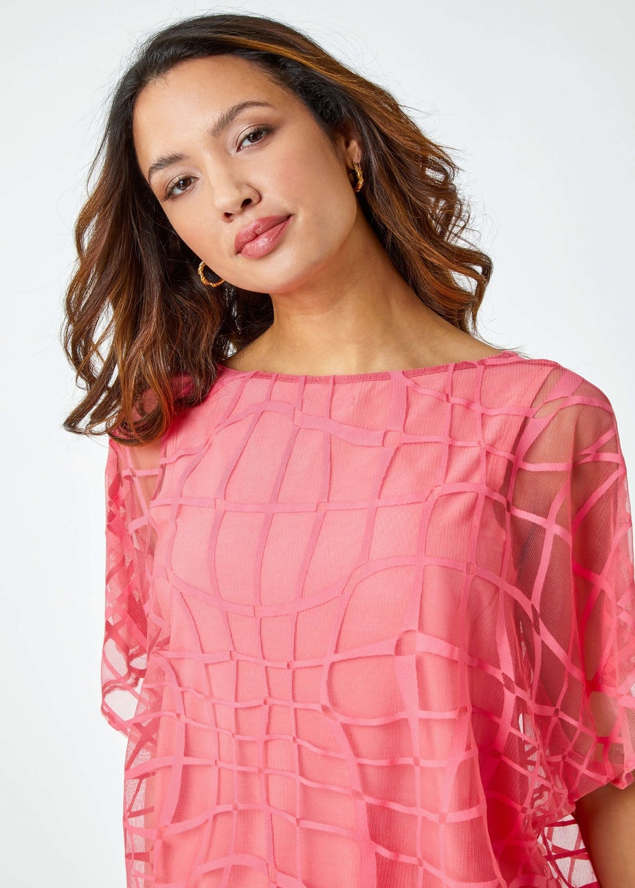 Roman Coral Abstract Check Print Blouson Top