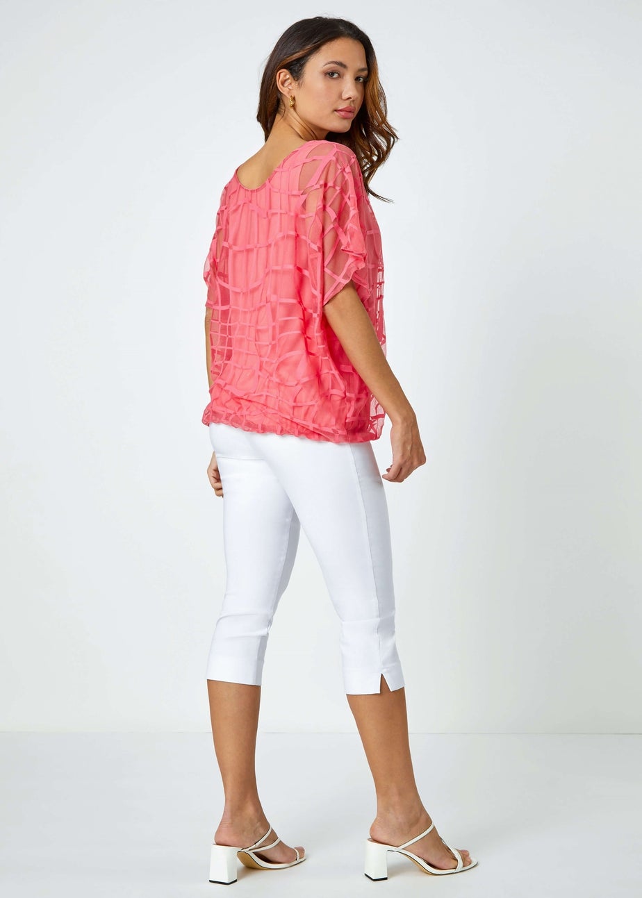 Roman Coral Abstract Check Print Blouson Top