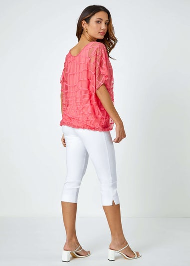 Roman Coral Abstract Check Print Blouson Top