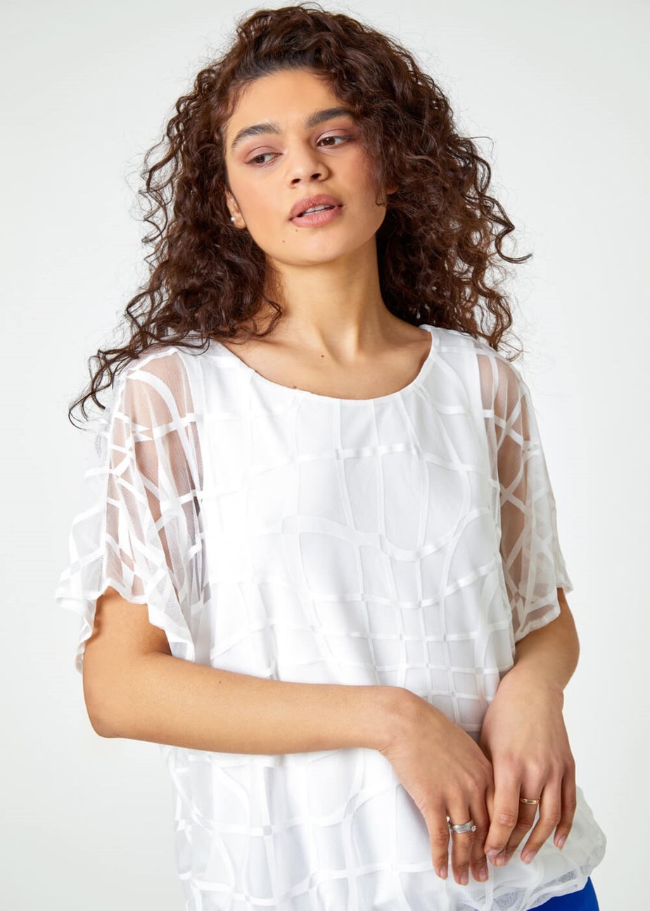 Roman Ivory Abstract Check Print Chiffon Blouson Top