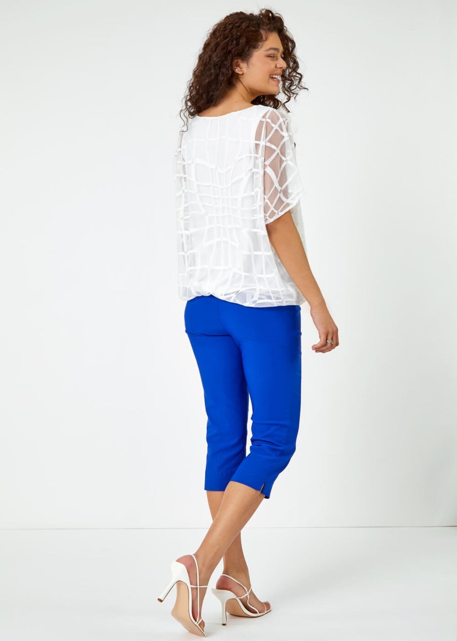 Roman Ivory Abstract Check Print Chiffon Blouson Top