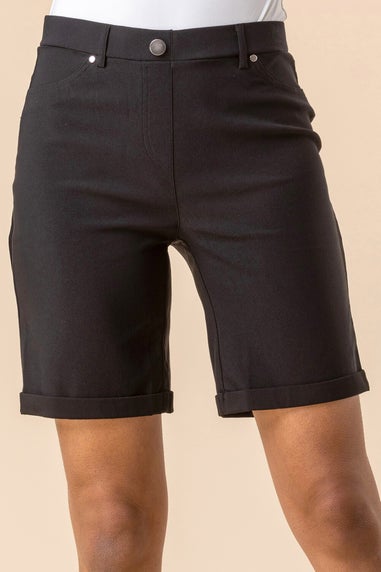 Roman Black Elastic Waist Turn Up Stretch Shorts