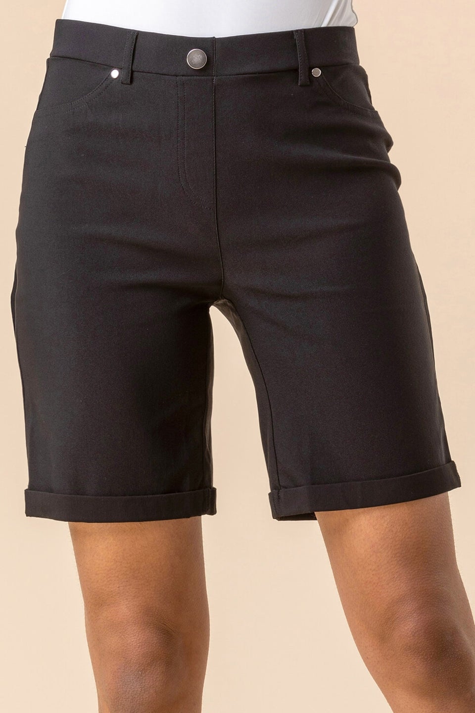 Roman Black Elastic Waist Turn Up Stretch Shorts