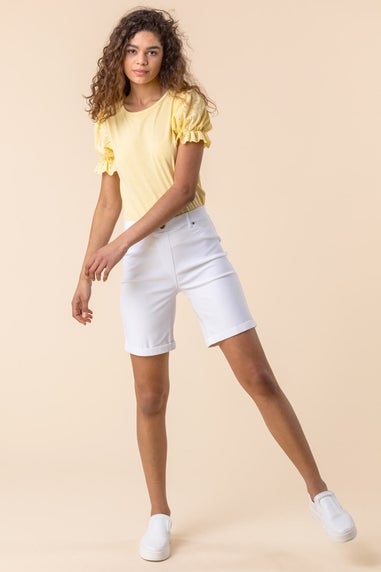 Roman White Elastic Waist Turn Up Stretch Shorts