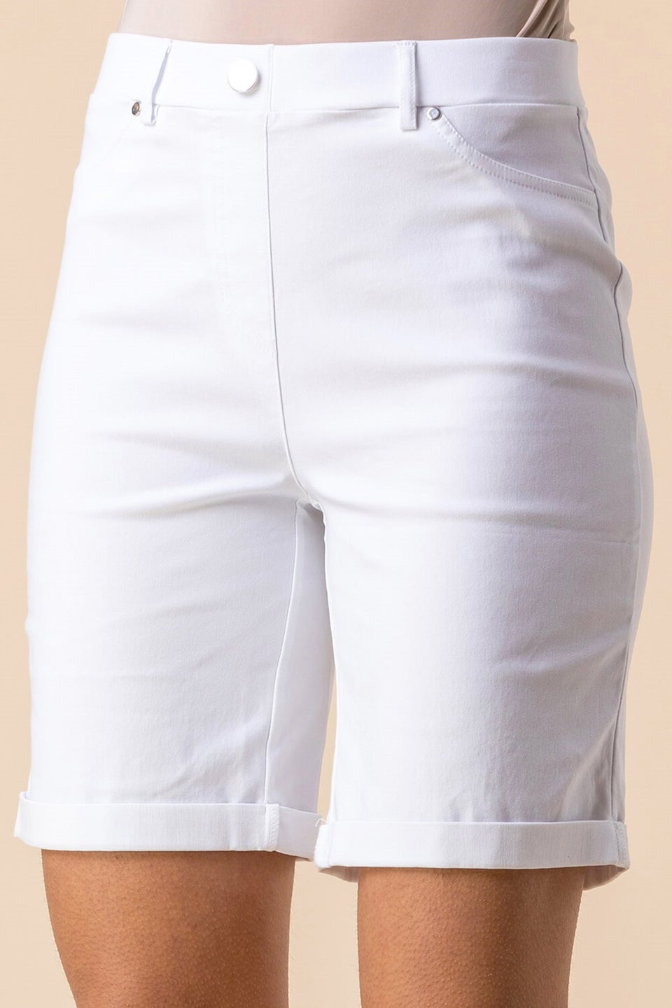 Roman White Elastic Waist Turn Up Stretch Shorts