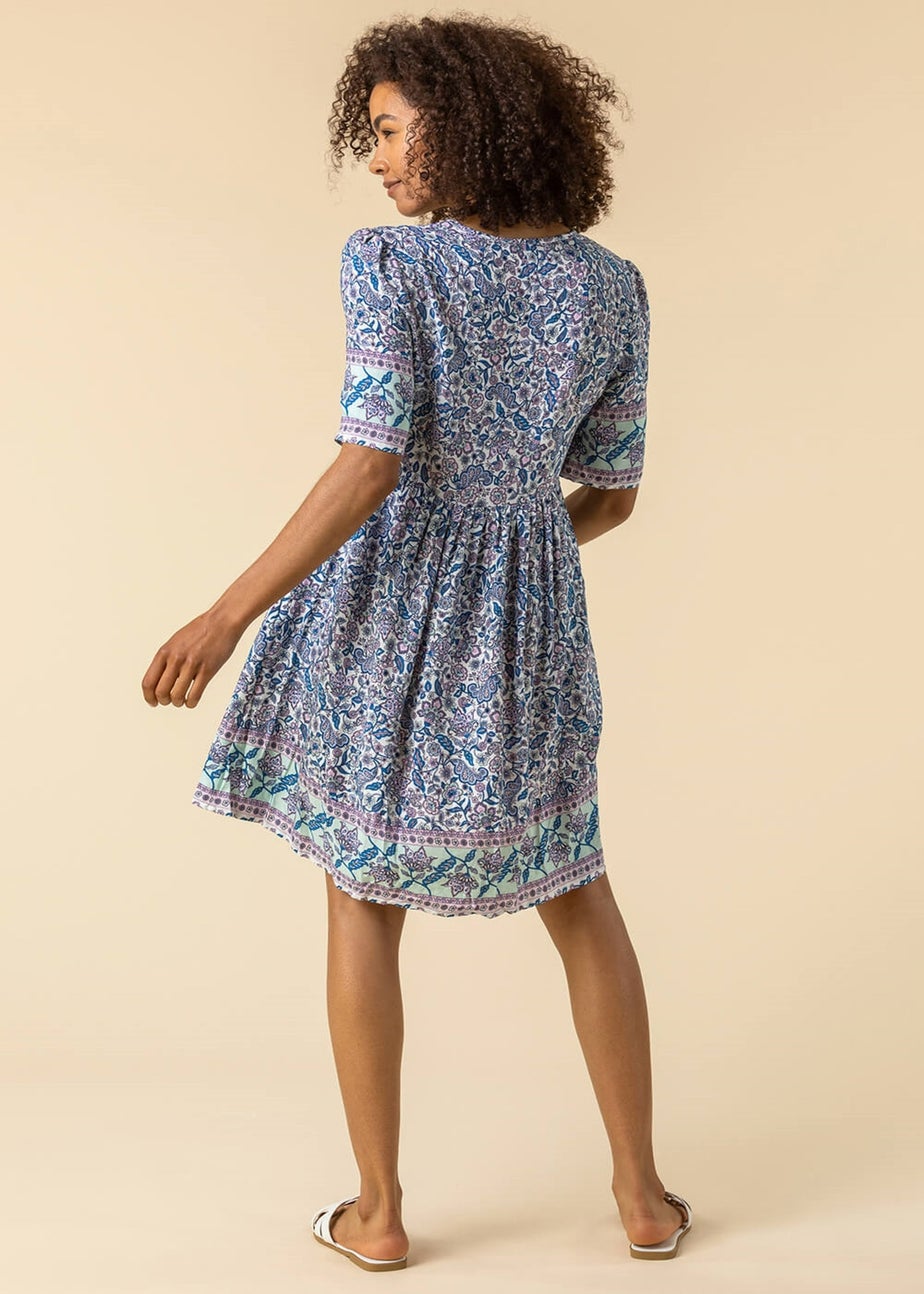 Roman Blue Floral Border Print Shift Tea Dress