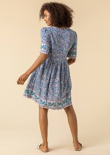 Roman Blue Floral Border Print Shift Tea Dress
