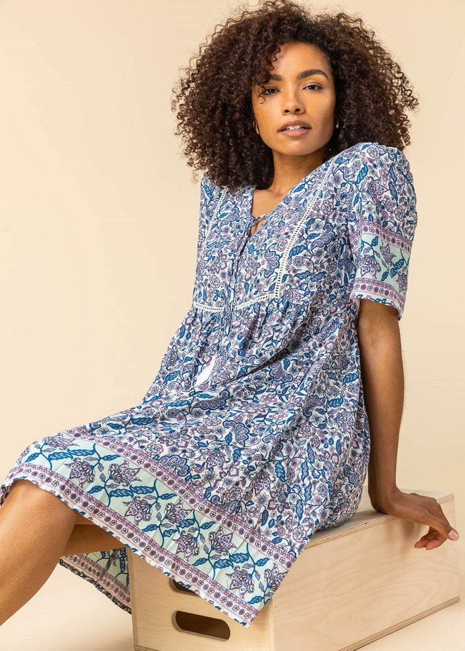 Roman Blue Floral Border Print Shift Tea Dress