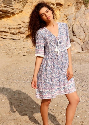 Roman Blue Floral Border Print Shift Tea Dress