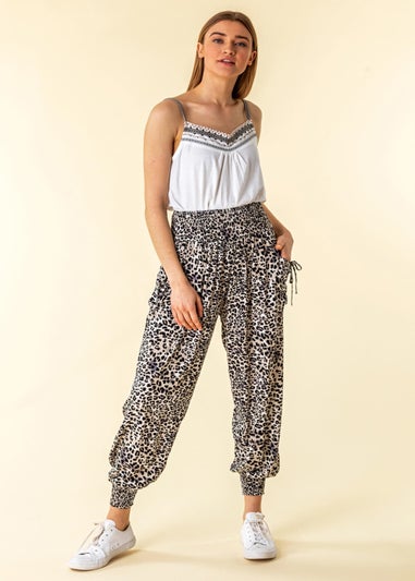 Roman Black Elastic Waist Animal Hareem Lounge Pants
