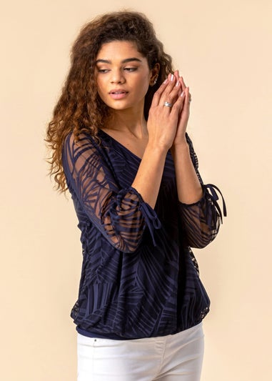 Roman Navy Burnout Tie Sleeve V-Neck Overlay Top