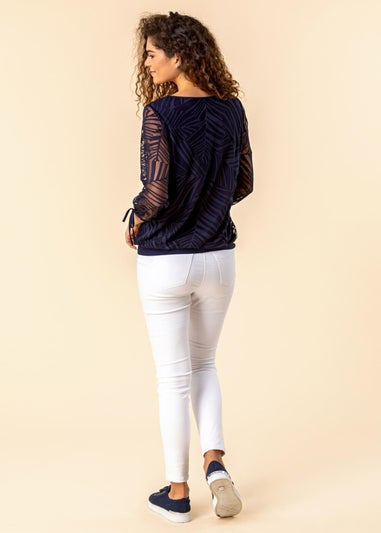 Roman Navy Burnout Tie Sleeve V-Neck Overlay Top