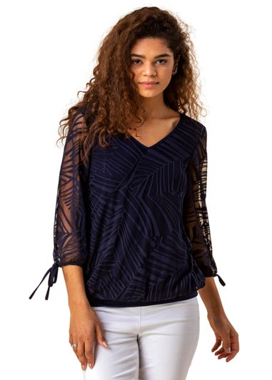Roman Navy Burnout Tie Sleeve V-Neck Overlay Top