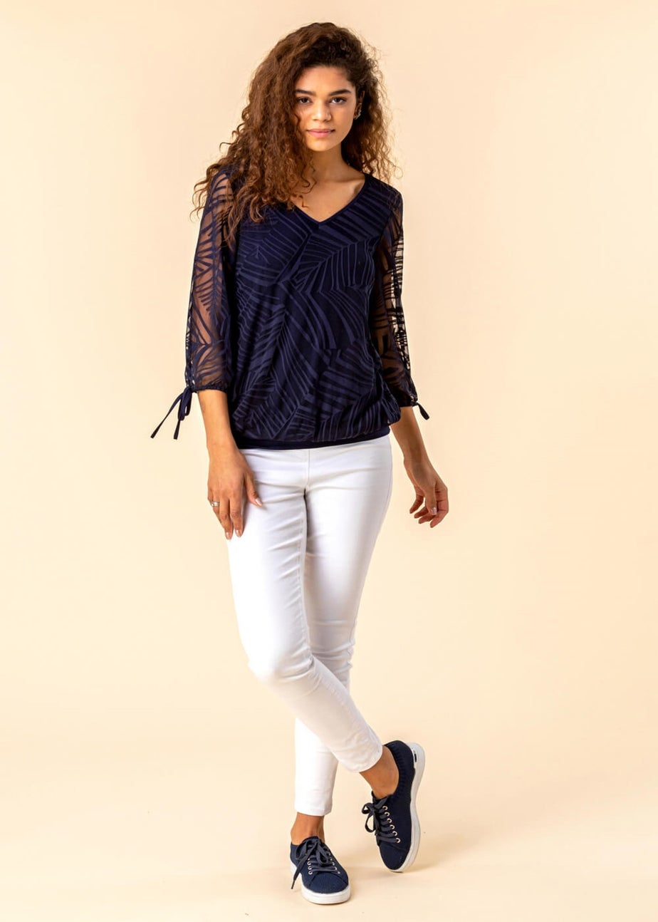 Roman Navy Burnout Tie Sleeve V-Neck Overlay Top
