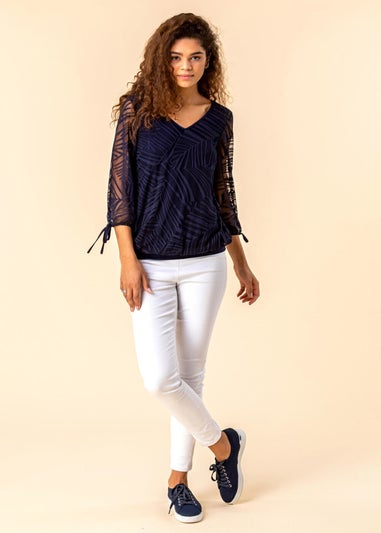 Roman Navy Burnout Tie Sleeve V-Neck Overlay Top