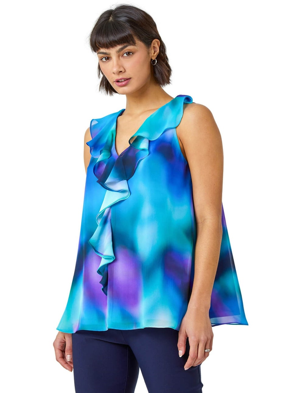 Roman Blue Ombre Print V-Neck Ruffle Front Top