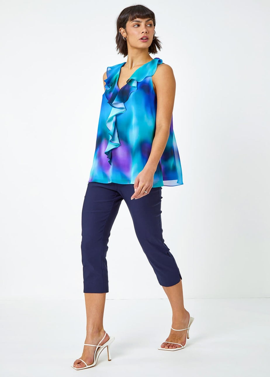 Roman Blue Ombre Print V-Neck Ruffle Front Top