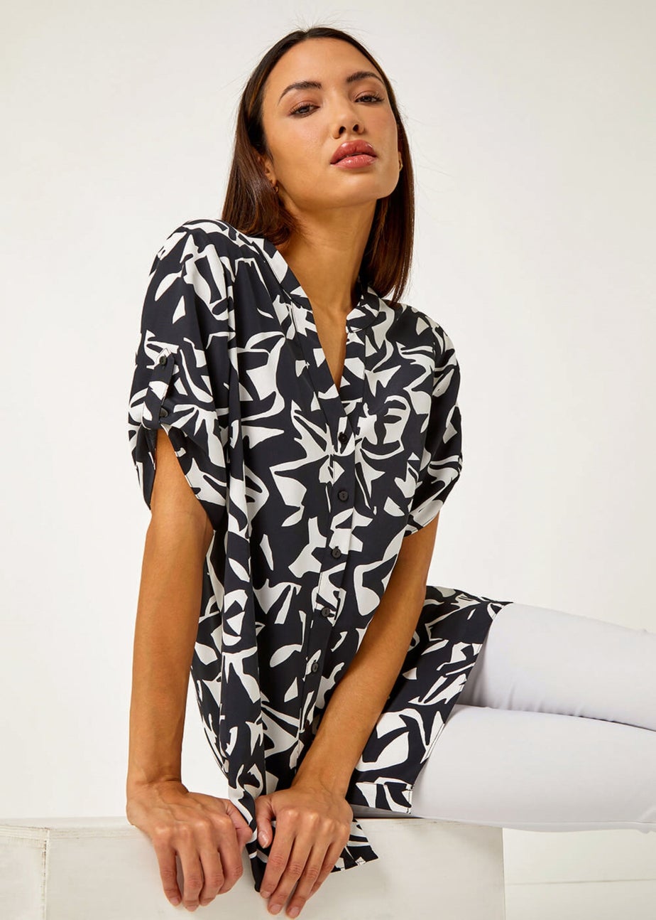 Roman Black Abstract Print Dipped Hem Shirt