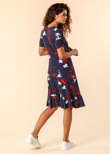 Roman Navy Floral Spot Print Frill Stretch Dress