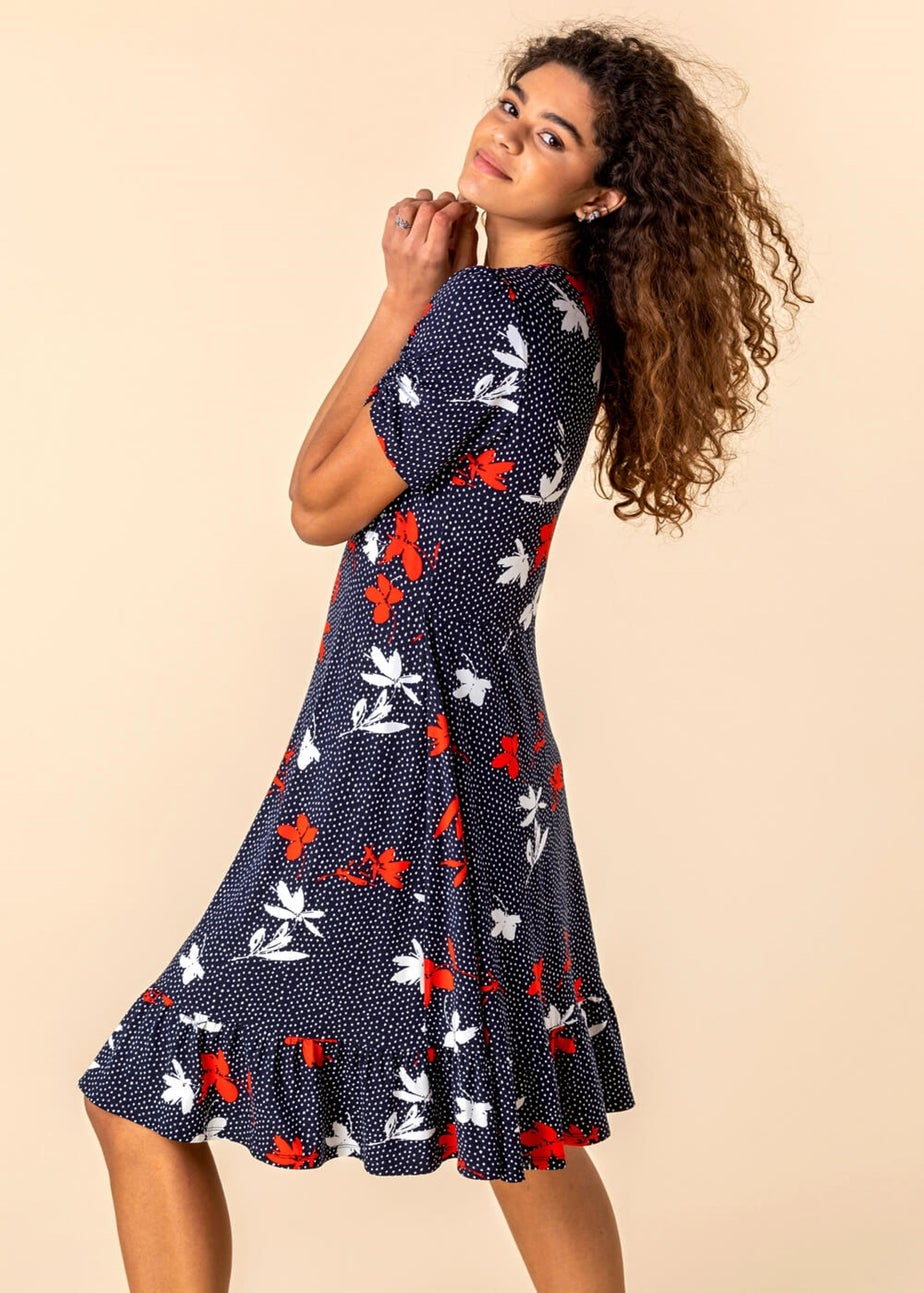 Roman Navy Floral Spot Print Frill Stretch Dress