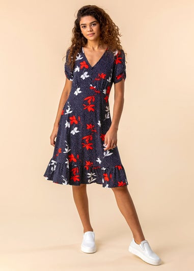 Roman Navy Floral Spot Print Frill Stretch Dress