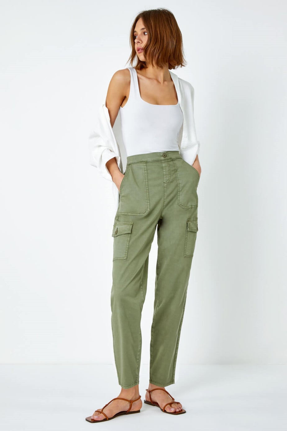 Roman Sage Casual Elastic Waist Cargo Stretch Trousers
