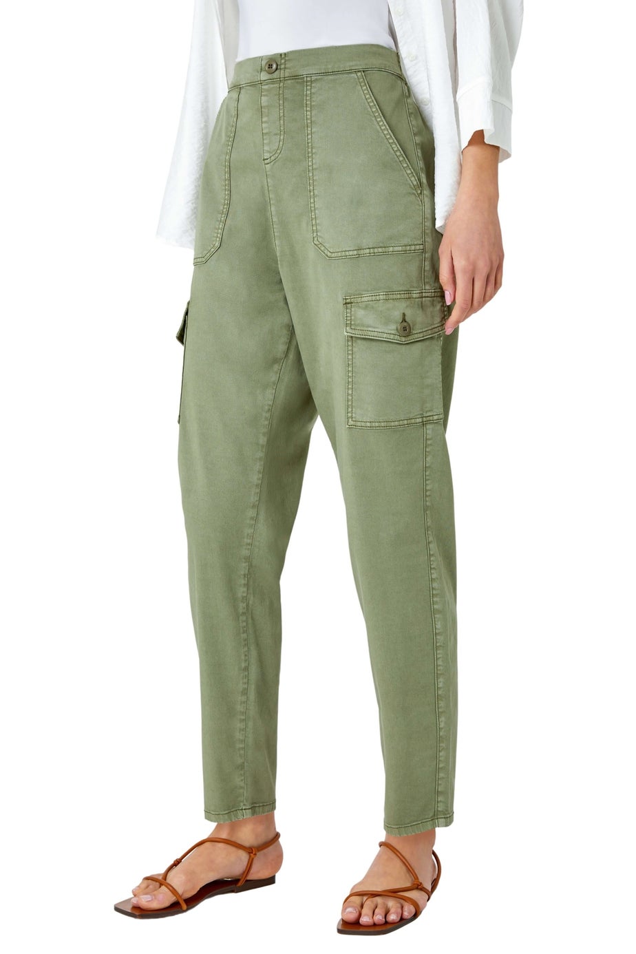 Roman Sage Casual Elastic Waist Cargo Stretch Trousers