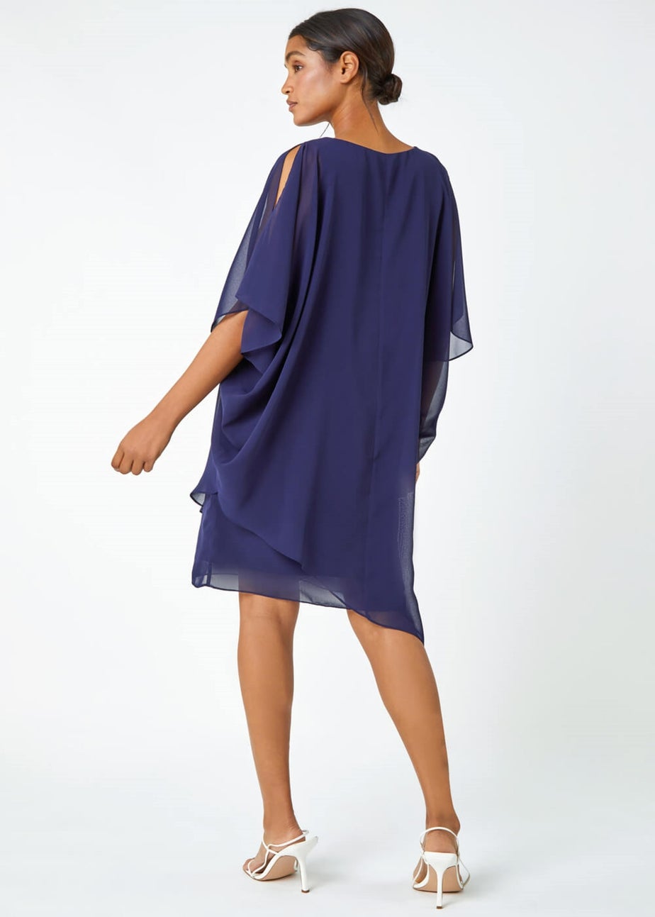 Roman Navy Embellished Cold Shoulder Overlay Dress