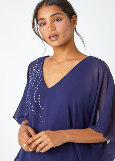 Roman Navy Embellished Cold Shoulder Overlay Dress