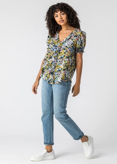 Roman Blue Floral Print Frill Detail Blouse