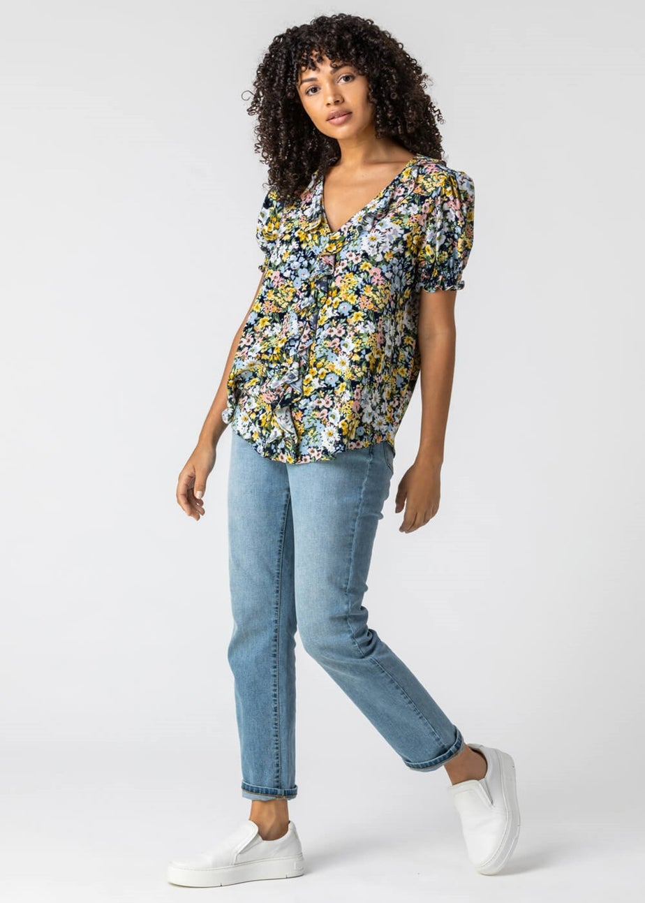 Roman Blue Floral Print Frill Detail Blouse
