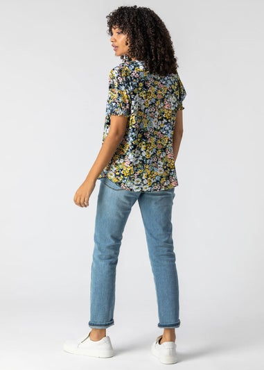 Roman Blue Floral Print Frill Detail Blouse
