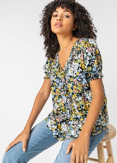 Roman Blue Floral Print Frill Detail Blouse