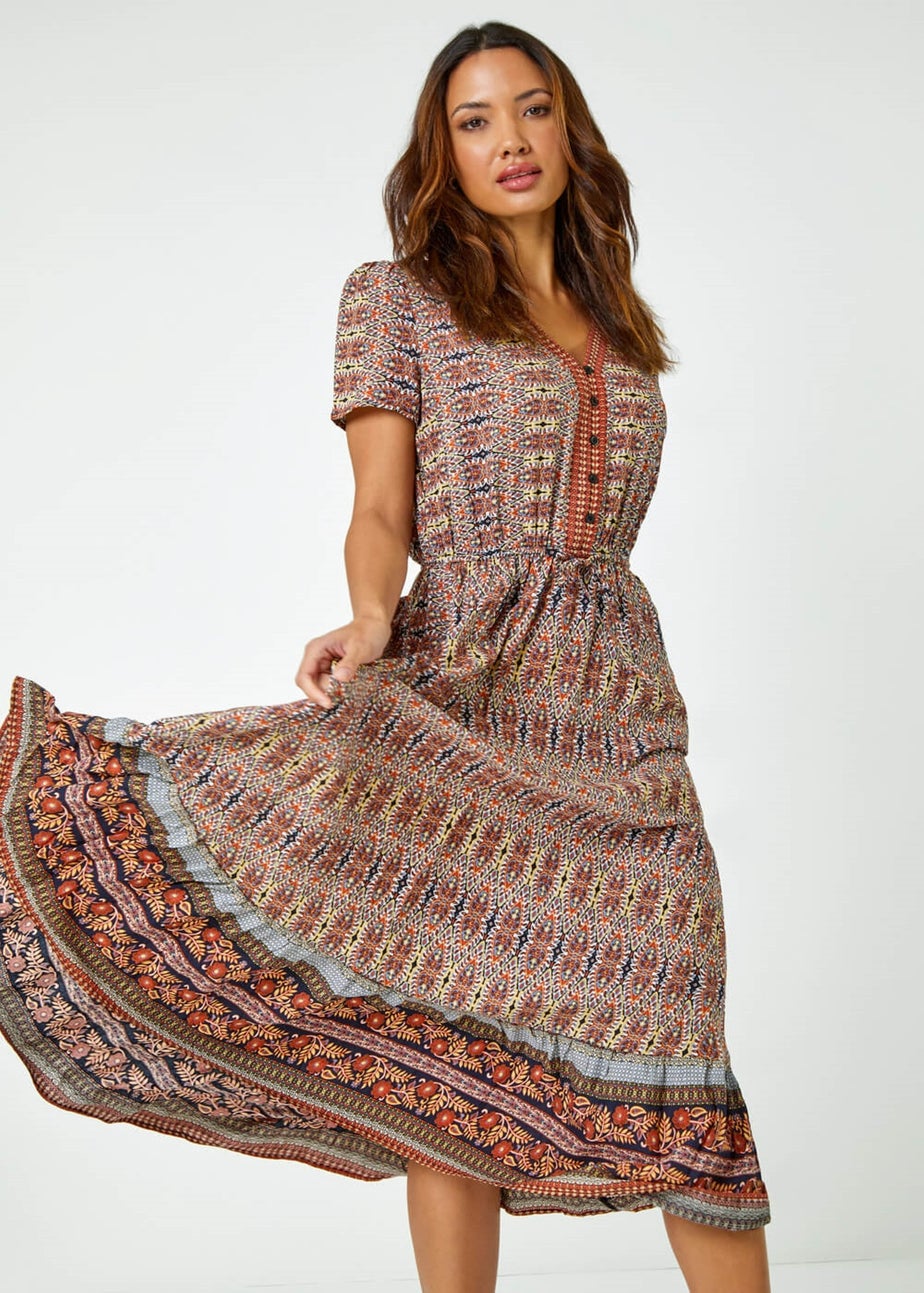 Roman Rust Boho Print Fit and Flare Maxi Dress