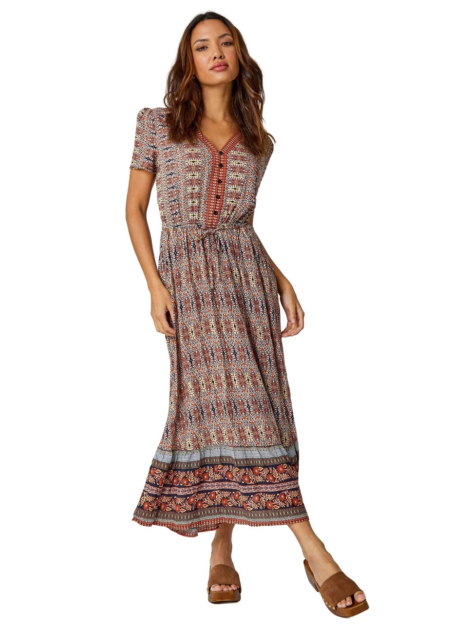 Roman Rust Boho Print Fit and Flare Maxi Dress
