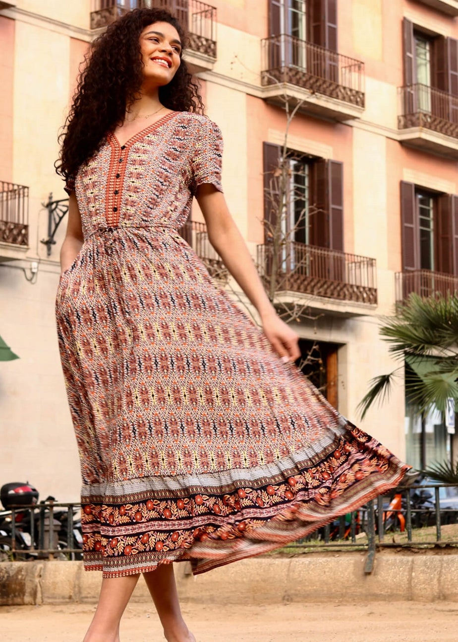 Roman Rust Boho Print Fit and Flare Maxi Dress