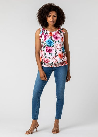 Roman Light Pink Bow Detail Floral Shirred Chiffon Top