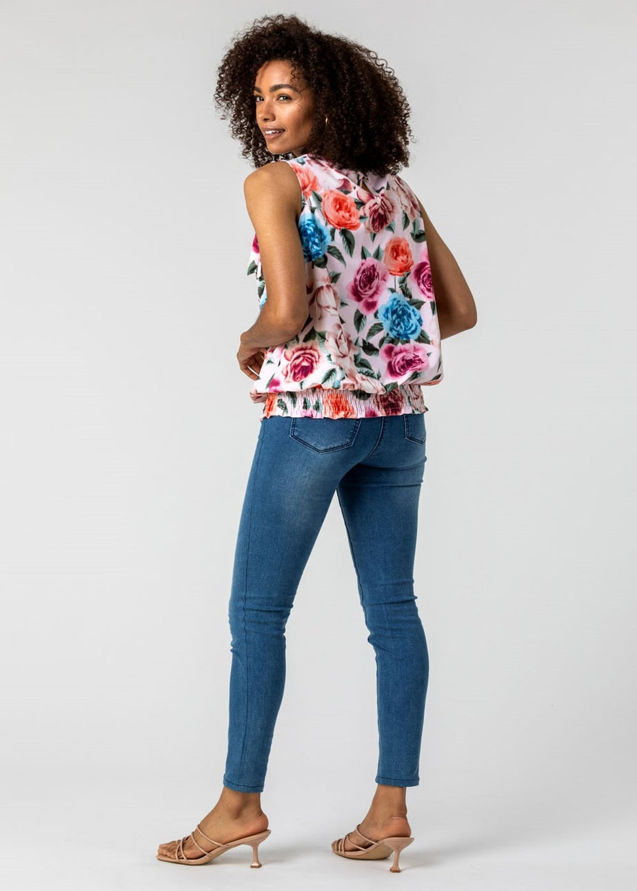 Roman Light Pink Bow Detail Floral Shirred Chiffon Top