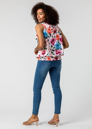 Roman Light Pink Bow Detail Floral Shirred Chiffon Top