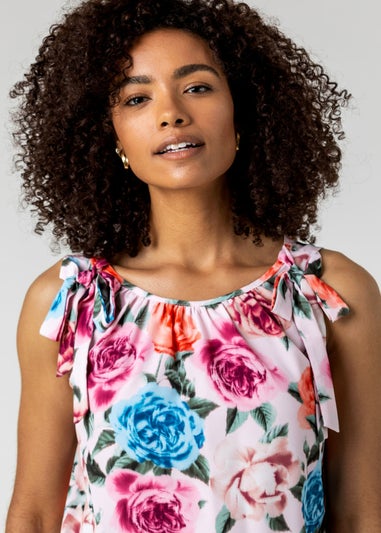 Roman Light Pink Bow Detail Floral Shirred Chiffon Top