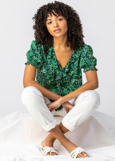 Roman Green Floral Print Frill Detail Blouse