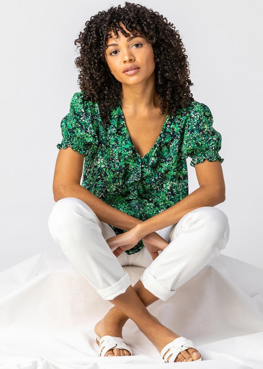Roman Green Floral Print Frill Detail Blouse
