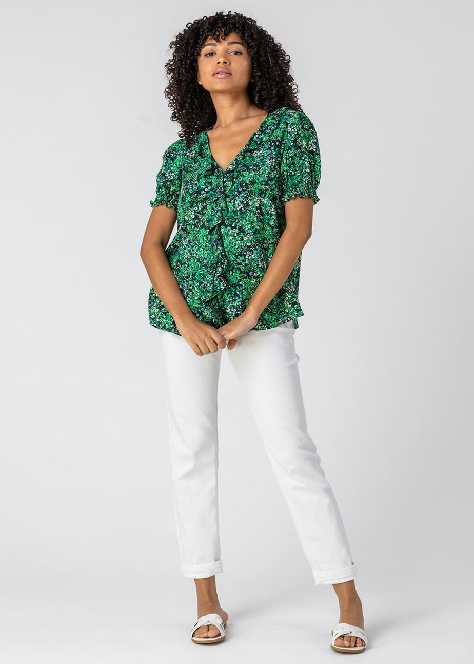 Roman Green Floral Print Frill Detail Blouse